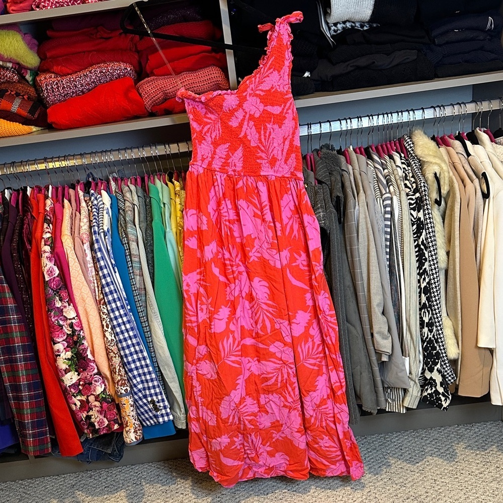 Japna pink/orangey red one shoulder with tie smocked midi dress size M